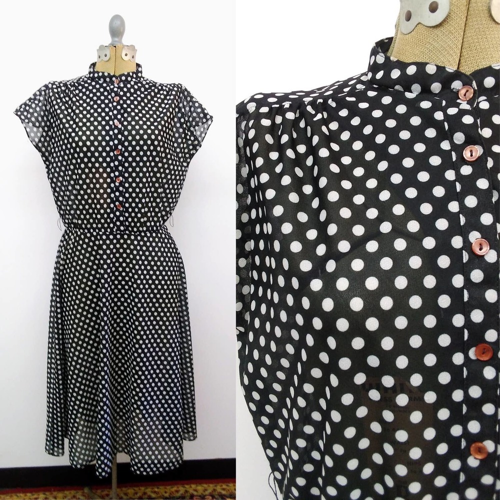 Vintage 60s/70s Black White Polka Dot Dress Volup Day Dress Button Front